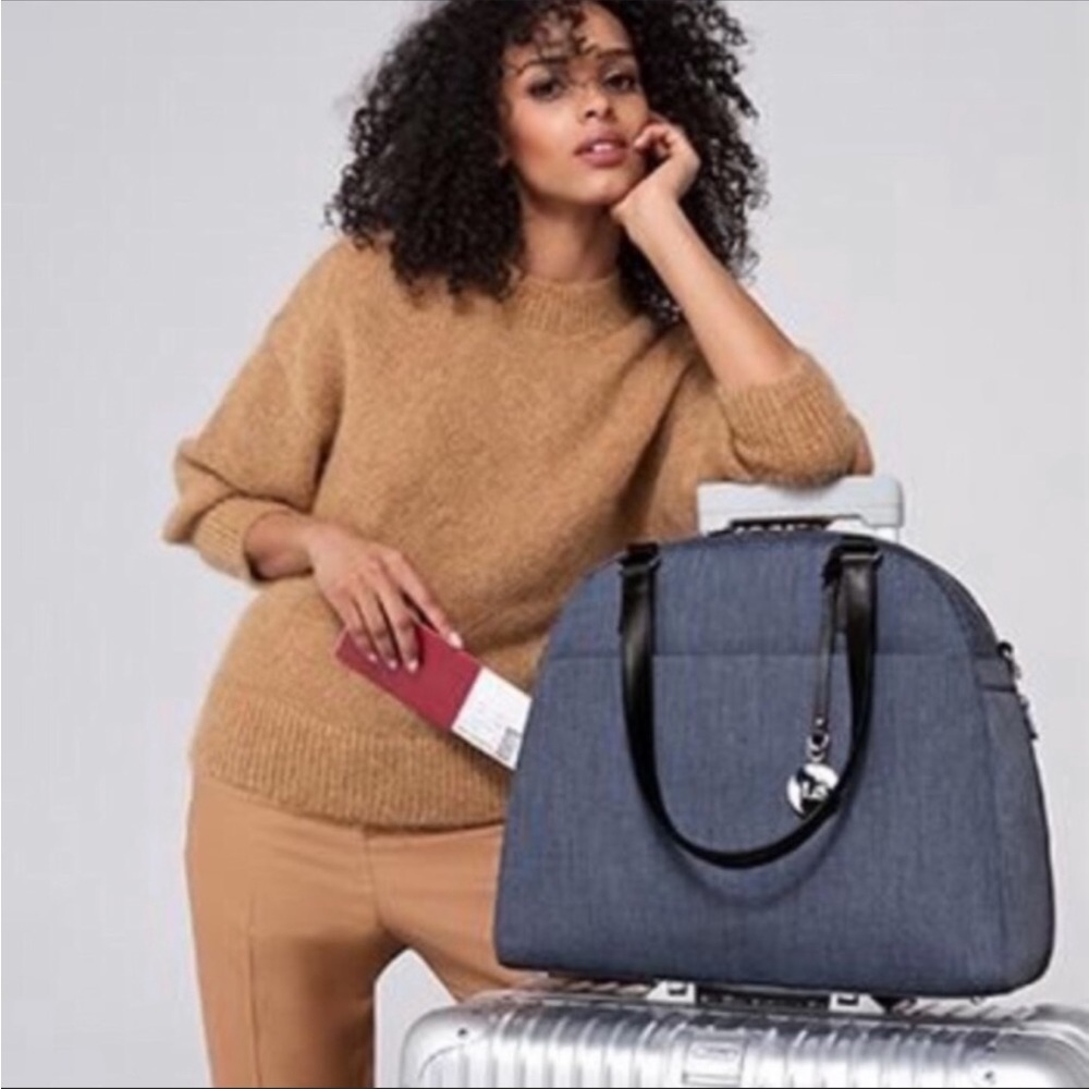 Lo & Sons Denim-Effect Blue Laptop Travel Tote with Black Handles